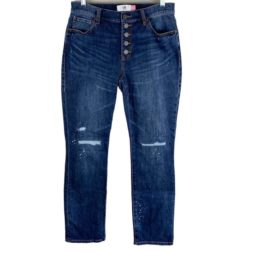 Cabi Womens Button Fly Destructed Straight Jeans Size 8 Distressed Denim